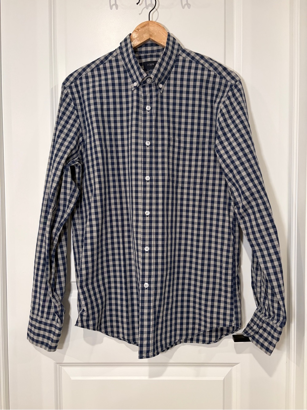 J.Crew Secret Wash Gingham Button Down Shirt Navy Blue White Slim Fit Men's M